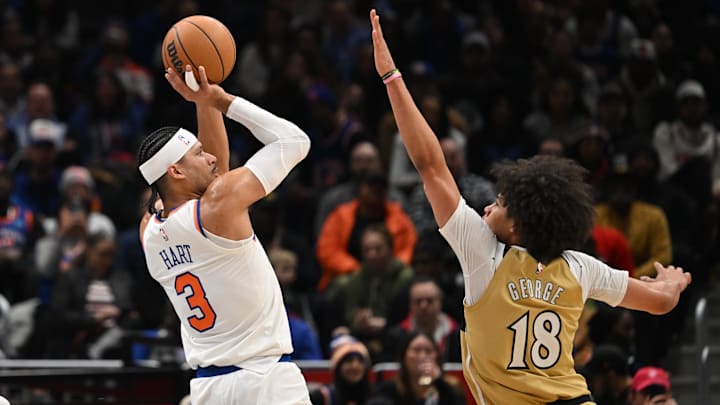 Feb 3, 2026; Washington, District of Columbia, USA; New York Knicks guard Josh Hart (3) attempts a jump shot in front of Washington Wizards forward Kyshawn George (18) during the first quarter at Capital One Arena. Feb 3, 2026; Washington, District of Columbia, USA; New York Knicks guard Josh Hart (3) attempts a jump shot in front of Washington Wizards forward Kyshawn George (18) during the first quarter at Capital One Arena.