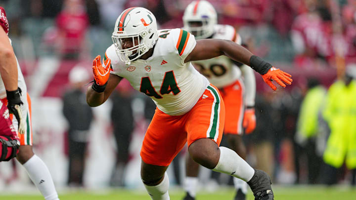 Sep 23, 2023; Philadelphia, Pennsylvania, USA;  Miami Hurricanes defensive lineman Rueben Bain Jr. (44) rushes in the second half against the Temple Owls at Lincoln Financial Field. Mandatory Credit: Andy Lewis-Imagn Images