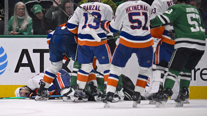 Nov 18, 2025; Dallas, Texas, USA; Dallas Stars right wing Mikko Rantanen (96) is called for a game misconduct penalty for boarding on New York Islanders defenseman Alexander Romanov (28) during the third period at the American Airlines Center. Mandatory Credit: Jerome Miron-Imagn Images Nov 18, 2025; Dallas, Texas, USA; Dallas Stars right wing Mikko Rantanen (96) is called for a game misconduct penalty for boarding on New York Islanders defenseman Alexander Romanov (28) during the third period at the American Airlines Center. Mandatory Credit: Jerome Miron-Imagn Images