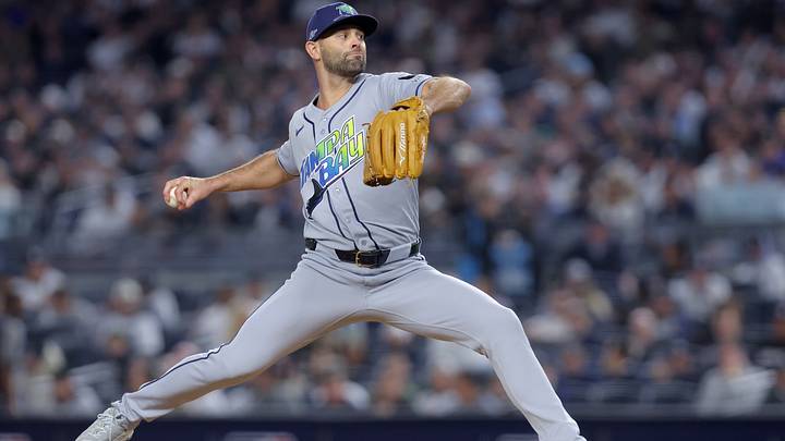 Oct 7, 2026; Bronx, New York, USA; Tampa Bay Rays starting pitcher Nick Martinez (28) pitches against the New York Yankees during the first inning of game three of the ALDS during the 2026 MLB Playoffs at Yankee Stadium. Mandatory Credit: Brad Penner-Imagn Images Oct 7, 2026; Bronx, New York, USA; Tampa Bay Rays starting pitcher Nick Martinez (28) pitches against the New York Yankees during the first inning of game three of the ALDS during the 2026 MLB Playoffs at Yankee Stadium. Mandatory Credit: Brad Penner-Imagn Images