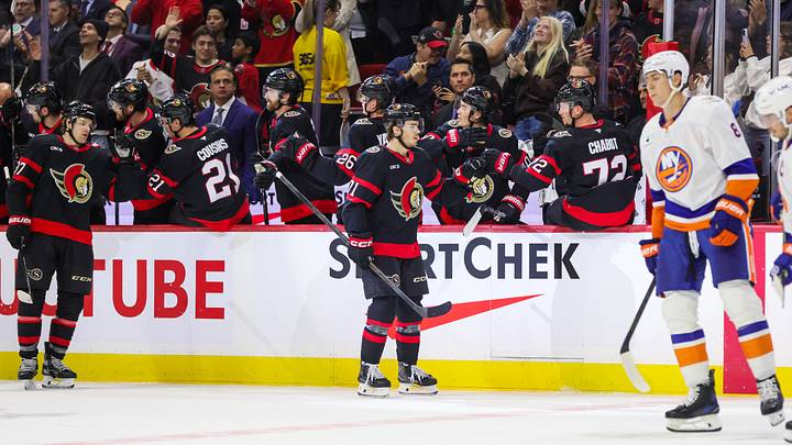 Ridly Greig celebrating his game-tying goal in the Senators' game versus the New York Islanders Ridly Greig celebrating his game-tying goal in the Senators' game versus the New York Islanders