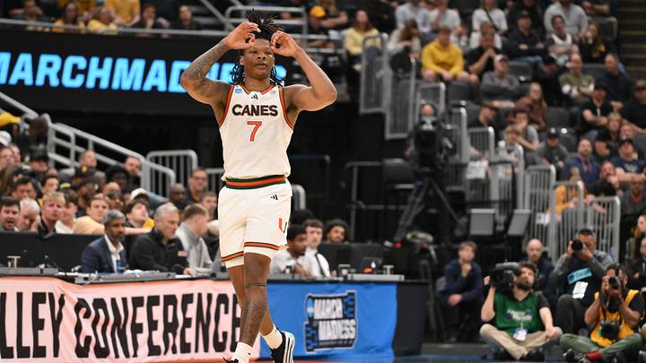 Mar 20, 2026; St. Louis, MO, USA; Miami (FL) Hurricanes forward Shelton Henderson (7) reacts after a three point shot play during the second half against Missouri Tigers during a first round game of the men's 2026 NCAA Tournament at Enterprise Center. Mandatory Credit: Jeff Curry-Imagn Images