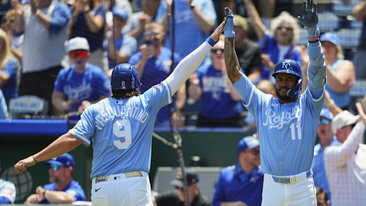 May 8, 2025; Kansas City, Missouri, USA; Kansas City Royals first baseman Vinnie Pasquantino (9) celebrates with third baseman Maikel Garcia (11) after scoring a run during the first inning against the Chicago White Sox at Kauffman Stadium. Mandatory Credit: Jay Biggerstaff-Imagn Images