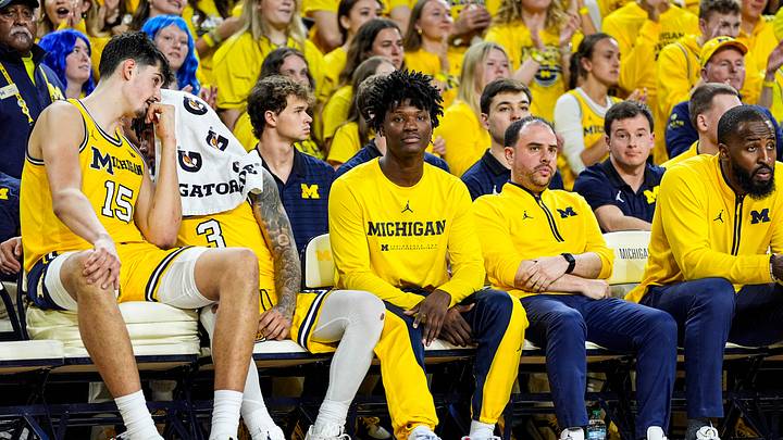 Michigan guard L.J. Cason (2) looks on during the second half against Michigan State at Crisler Center in Ann Arbor on Sunday, March 8, 2026.