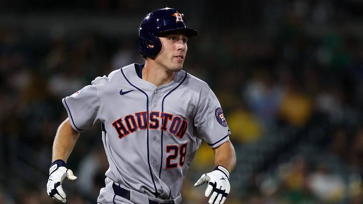 Houston Astros center fielder Lucas Spence (28). The home run was his third of the game.  Mandatory Credit: Sergio Estrada-Imagn Images