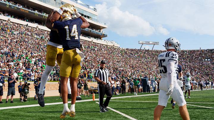 Notre Dame wide receiver Micah Gilbert (14) celebrates after scoring a touchdown during a NCAA football game against Rice at Notre Dame Stadium on Saturday, Sept. 12, 2026, in South Bend. Notre Dame wide receiver Micah Gilbert (14) celebrates after scoring a touchdown during a NCAA football game against Rice at Notre Dame Stadium on Saturday, Sept. 12, 2026, in South Bend.