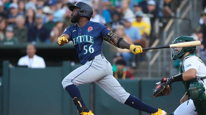 May 25, 2026; West Sacramento, California, USA; Seattle Mariners left fielder Randy Arozarena (56) hits an RBI double during the third inning against the Athletics at Sutter Health Park. Mandatory Credit: Scott Marshall-Imagn Images May 25, 2026; West Sacramento, California, USA; Seattle Mariners left fielder Randy Arozarena (56) hits an RBI double during the third inning against the Athletics at Sutter Health Park. Mandatory Credit: Scott Marshall-Imagn Images