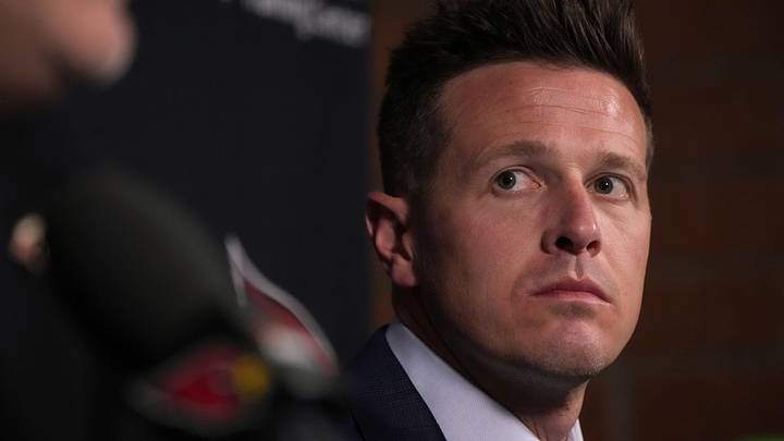 Arizona Cardinals head coach Mike LaFleur listens to general manager Monti Ossenfort speak during a press conference at the Arizona Cardinals facility in Tempe after the first round of the NFL Draft on April 23, 2026.