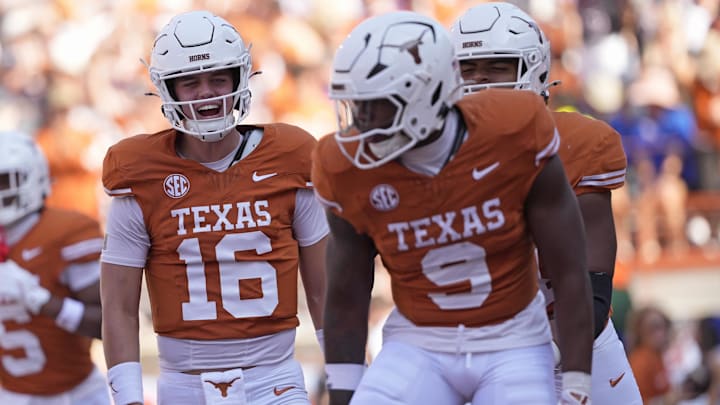 Nov 9, 2024; Austin, Texas, USA; Texas Longhorns quarterback Arch Manning (16) reacts after a touchdown was scored during the second half against the Florida Gators at Darrell K Royal-Texas Memorial Stadium. Mandatory Credit: Scott Wachter-Imagn Images