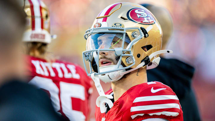 Dec 8, 2024; Santa Clara, California, USA; San Francisco 49ers wide receiver Ricky Pearsall (14) on the sidelines during the fourth quarter against the Chicago Bears at Levi's Stadium. Mandatory Credit: Bob Kupbens-Imagn Images Dec 8, 2024; Santa Clara, California, USA; San Francisco 49ers wide receiver Ricky Pearsall (14) on the sidelines during the fourth quarter against the Chicago Bears at Levi's Stadium. Mandatory Credit: Bob Kupbens-Imagn Images