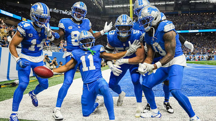 Detroit Lions punt returner Kalif Raymond (11) celebrates a touchdown against Cleveland Browns during the second half at Ford Field in Detroit on Sunday, Sept. 28, 2025.