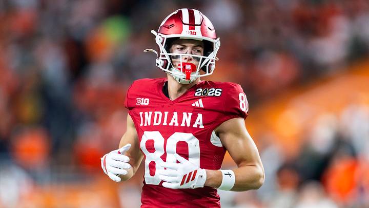 Jan 19, 2026; Miami Gardens, FL, USA; Indiana Hoosiers wide receiver Charlie Becker (80) against the Miami Hurricanes in the College Football Playoff National Championship game at Hard Rock Stadium. Mandatory Credit: Mark J. Rebilas-Imagn Images Jan 19, 2026; Miami Gardens, FL, USA; Indiana Hoosiers wide receiver Charlie Becker (80) against the Miami Hurricanes in the College Football Playoff National Championship game at Hard Rock Stadium. Mandatory Credit: Mark J. Rebilas-Imagn Images