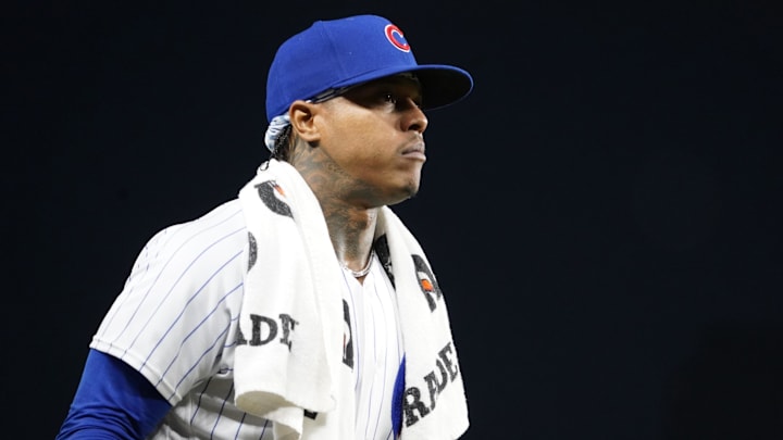 Jul 1, 2023; Chicago, Illinois, USA; Chicago Cubs starting pitcher Marcus Stroman (0) walks onto the