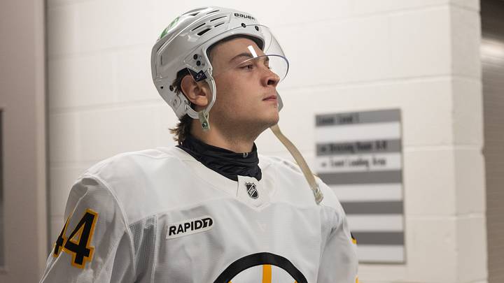 Oct 13, 2026; San Jose, California, USA;  Boston Bruins center James Hagens (44) prepares for warm ups before the start of the first period against the San Jose Sharks at SAP Center at San Jose.  Mandatory Credit: Stan Szeto-Imagn Images