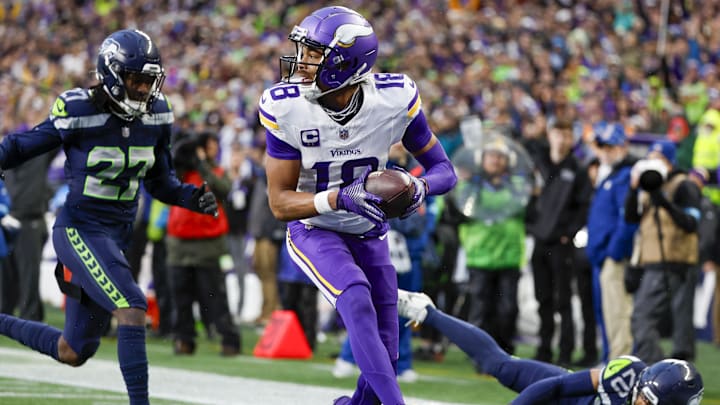 Minnesota Vikings wide receiver Justin Jefferson catches a touchdown pass against the Seattle Seahawks during the fourth quarter at Lumen Field in Seattle on Dec. 22, 2024. Minnesota Vikings wide receiver Justin Jefferson catches a touchdown pass against the Seattle Seahawks during the fourth quarter at Lumen Field in Seattle on Dec. 22, 2024.