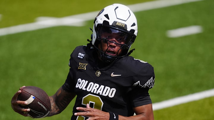 Sep 6, 2025; Boulder, Colorado, USA; Colorado Buffaloes quarterback Kaidon Salter (3) runs for a touchdown in the first quarter against the Delaware Fightin Blue Hens at Folsom Field. Mandatory Credit: Ron Chenoy-Imagn Images Sep 6, 2025; Boulder, Colorado, USA; Colorado Buffaloes quarterback Kaidon Salter (3) runs for a touchdown in the first quarter against the Delaware Fightin Blue Hens at Folsom Field. Mandatory Credit: Ron Chenoy-Imagn Images