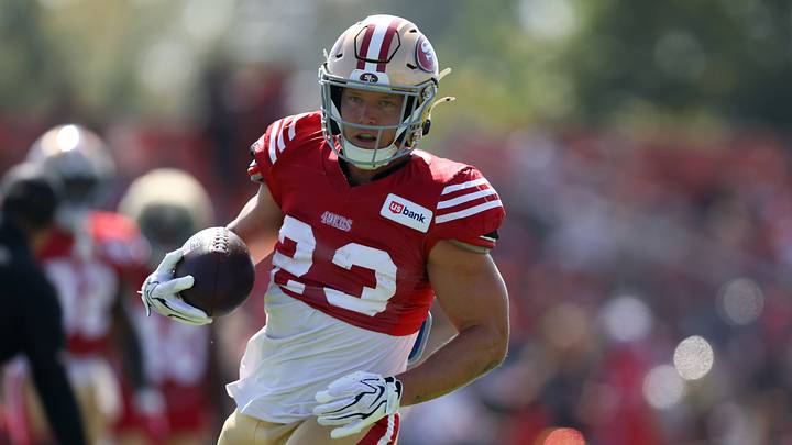 San Francisco 49ers running back Christian McCaffrey (23) during training camp at SAP Performance Facility. Mandatory Credit: Sergio Estrada-Imagn Images San Francisco 49ers running back Christian McCaffrey (23) during training camp at SAP Performance Facility. Mandatory Credit: Sergio Estrada-Imagn Images
