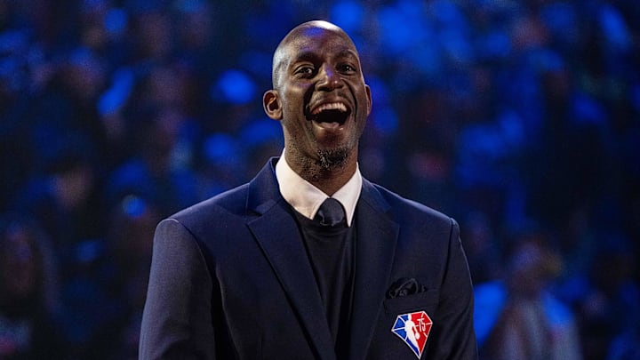 February 20, 2022; Cleveland, Ohio, USA; NBA great Kevin Garnett is honored for being selected to the NBA 75th Anniversary Team during halftime in the 2022 NBA All-Star Game at Rocket Mortgage FieldHouse. Mandatory Credit: Kyle Terada-Imagn Images