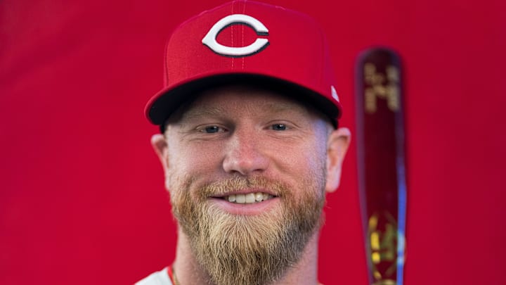 Cincinnati Reds outfielder Jake Fraley (27) during the annual team picture day at the Cincinnati Reds Player Development Complex in Goodyear, Ariz., on Tuesday, Feb. 18, 2025.