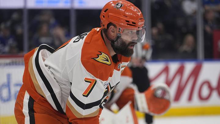 Mar 12, 2026; Toronto, Ontario, CAN; Anaheim Ducks defenseman Radko Gudas (7) gets set for a face off against the Toronto Maple Leafs during the first period at Scotiabank Arena. Mandatory Credit: John E. Sokolowski-Imagn Images