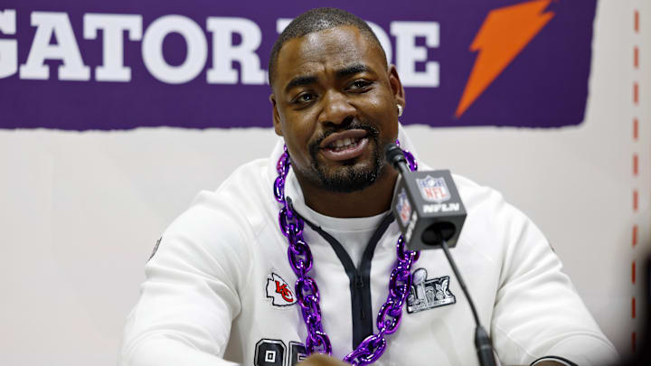 Feb 3, 2025; New Orleans, LA, USA; Kansas City Chiefs defensive tackle Chris Jones (95) talks to the media during Super Bowl LIX Opening Night at Ceasars Superdome. 