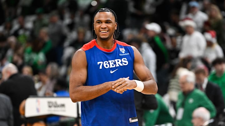 Dec 25, 2024; Boston, Massachusetts, USA; Philadelphia 76ers guard Ricky Council IV (14) warms up before a game against the Boston Celtics at TD Garden. Mandatory Credit: Eric Canha-Imagn Images Dec 25, 2024; Boston, Massachusetts, USA; Philadelphia 76ers guard Ricky Council IV (14) warms up before a game against the Boston Celtics at TD Garden. Mandatory Credit: Eric Canha-Imagn Images