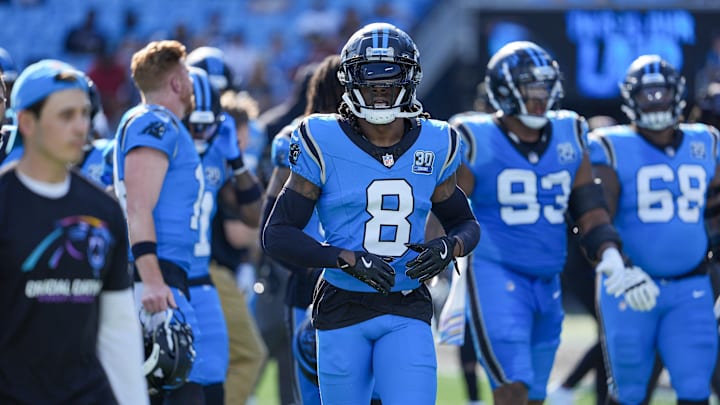 Oct 13, 2024; Charlotte, North Carolina, USA; Carolina Panthers cornerback Jaycee Horn (8) during the first quarter against the Atlanta Falcons at Bank of America Stadium. Mandatory Credit: Jim Dedmon-Imagn Images Oct 13, 2024; Charlotte, North Carolina, USA; Carolina Panthers cornerback Jaycee Horn (8) during the first quarter against the Atlanta Falcons at Bank of America Stadium. Mandatory Credit: Jim Dedmon-Imagn Images