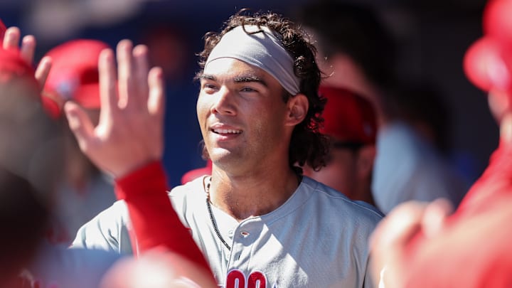 Feb 26, 2025; Dunedin, Florida, USA; Philadelphia Phillies outfielder Gabriel Rincones Jr. (85) celebrates after hitting a home run against the Toronto Blue Jays in the third inning during spring training at TD Ballpark