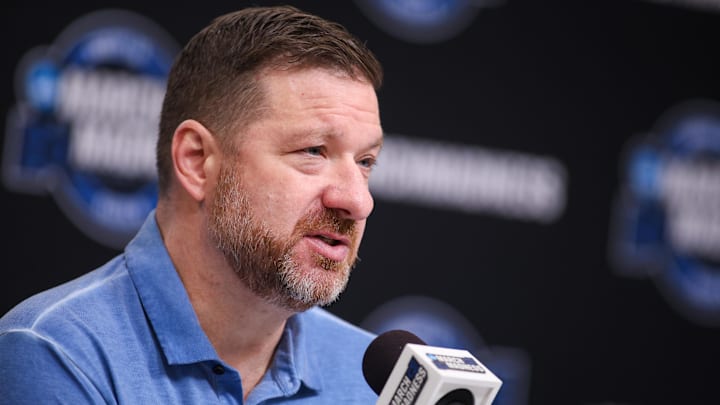 Mar 27, 2025; Atlanta, GA, USA; Mississippi Rebels head coach Chris Beard addresses the media in a press conference during NCAA Tournament South Regional Practice at State Farm Arena. Mandatory Credit: Brett Davis-Imagn Images