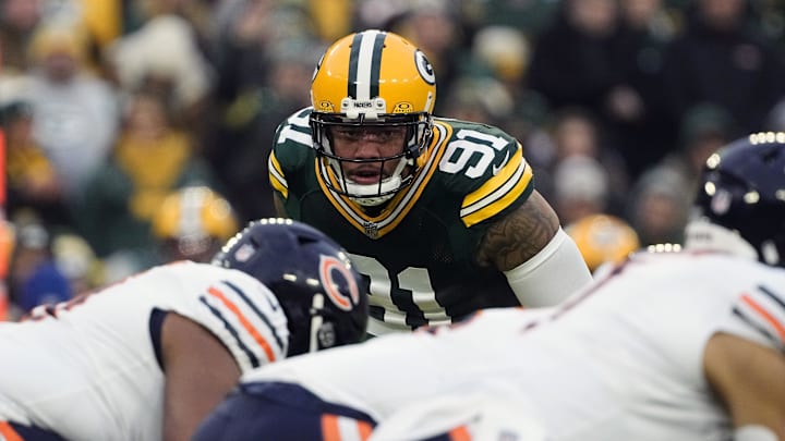 Jan 7, 2024; Green Bay, Wisconsin, USA; Green Bay Packers linebacker Preston Smith (91) during the game against the Chicago Bears at Lambeau Field. Mandatory Credit: Jeff Hanisch-Imagn Images Jan 7, 2024; Green Bay, Wisconsin, USA; Green Bay Packers linebacker Preston Smith (91) during the game against the Chicago Bears at Lambeau Field. Mandatory Credit: Jeff Hanisch-Imagn Images