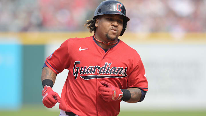 Sep 17, 2023; Cleveland, Ohio, USA; Cleveland Guardians designated hitter Jose Ramirez (11) rounds the bases after hitting a home run during the fourth inning against the Texas Rangers at Progressive Field. Mandatory Credit: Ken Blaze-Imagn Images