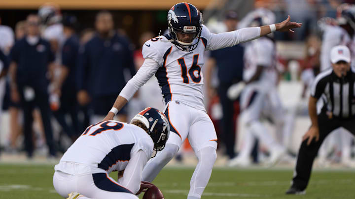 Aug 19, 2023; Santa Clara, California, USA;  Denver Broncos punter Riley Dixon (19) holds the ball