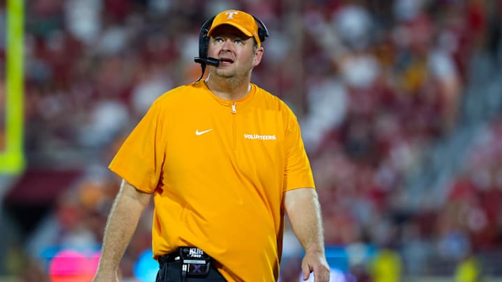 Sep 21, 2024; Norman, Oklahoma, USA; Tennessee Volunteers head coach Josh Heupel reacts during the second half against the Oklahoma Sooners at Gaylord Family-Oklahoma Memorial Stadium. Mandatory Credit: Kevin Jairaj-Imagn Images Sep 21, 2024; Norman, Oklahoma, USA; Tennessee Volunteers head coach Josh Heupel reacts during the second half against the Oklahoma Sooners at Gaylord Family-Oklahoma Memorial Stadium. Mandatory Credit: Kevin Jairaj-Imagn Images