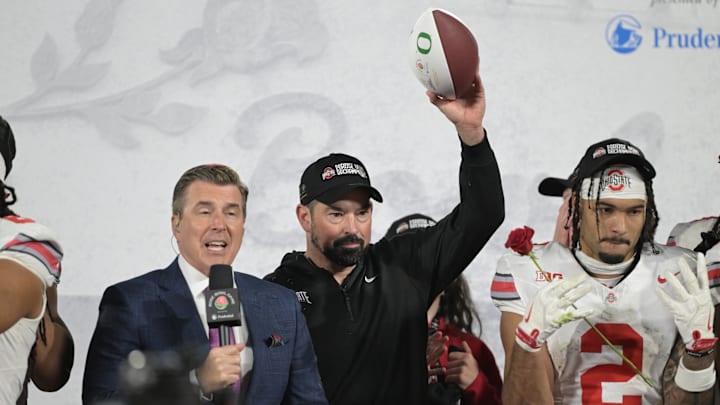 Jan 1, 2025; Pasadena, CA, USA;  Ohio State Buckeyes head coach Ryan Day celebrates after defeating the Oregon Ducks in the 2025 Rose Bowl college football quarterfinal game at Rose Bowl Stadium. Mandatory Credit: Jayne Kamin-Oncea-Imagn Images
