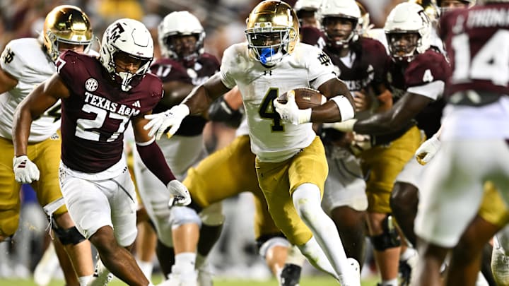 Aug 31, 2024; College Station, Texas, USA; Notre Dame Fighting Irish running back Jeremiyah Love (4) runs the ball for a touchdown in the fourth quarter against the Texas A&M Aggies at Kyle Field. Mandatory Credit: Maria Lysaker-Imagn Images