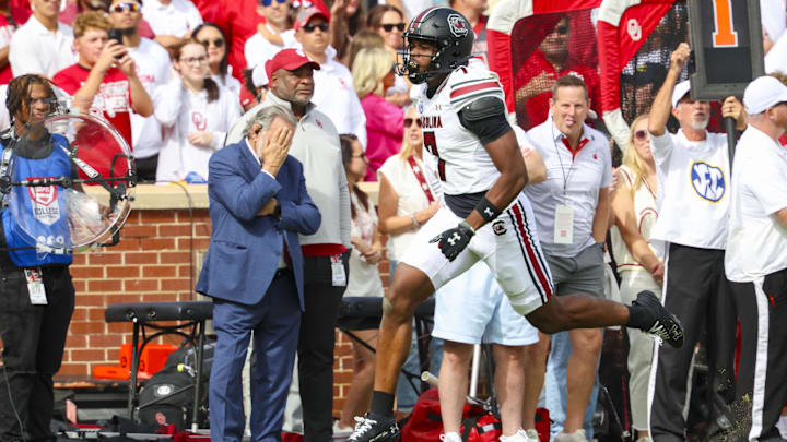 Oct 19, 2024; Norman, Oklahoma, USA; South Carolina Gamecocks defensive back Nick Emmanwori (7) reacts after making an interception during the first half against the Oklahoma Sooners at Gaylord Family-Oklahoma Memorial Stadium. Mandatory Credit: Kevin Jairaj-Imagn Images