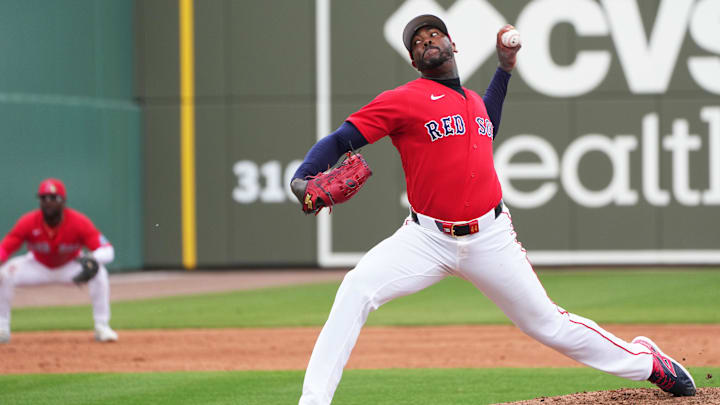 Feb 26, 2026; Fort Myers, Florida, USA;  Boston Red Sox pitcher Aroldis Chapman (44) throws a pitch in the second inning against the Tampa Bay Rays at JetBlue Park at Fenway South. Mandatory Credit: Jim Rassol-Imagn Images