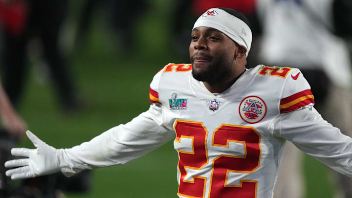 Feb 12, 2023; Glendale, Arizona, US; Kansas City Chiefs safety Juan Thornhill (22) celebrates after the Chiefs defeated the Philadelphia Eagles in Super Bowl LVII at State Farm Stadium. Mandatory Credit: Joe Camporeale-Imagn Images