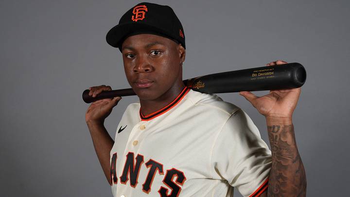 Feb 19, 2026; Scottsdale, AZ, USA; San Francisco Giants left fielder Bo Davidson (91) poses during Photo Day at Scottsdale Stadium. Mandatory Credit: Rick Scuteri-Imagn Images
