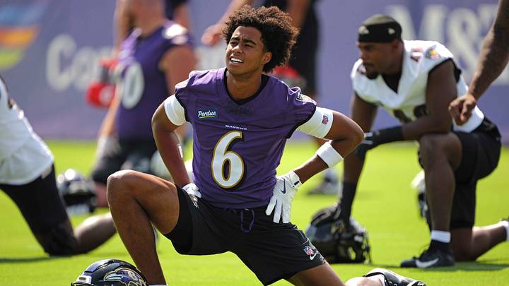 Jul 29, 2026; Ownings Mills, MD, USA; Baltimore Ravens wide receiver Ja’Kobi Lane (6) stretches during practice at the Under Armour Performance Center. Mandatory Credit: Mitch Stringer-Imagn Images Jul 29, 2026; Ownings Mills, MD, USA; Baltimore Ravens wide receiver Ja’Kobi Lane (6) stretches during practice at the Under Armour Performance Center. Mandatory Credit: Mitch Stringer-Imagn Images