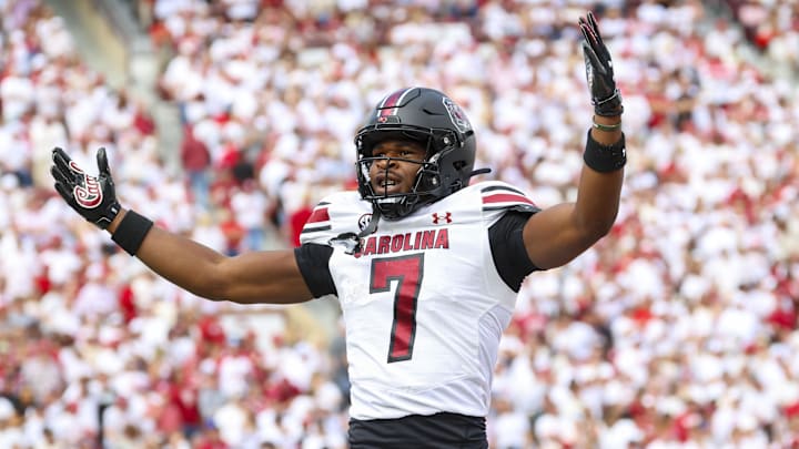 Oct 19, 2024; Norman, Oklahoma, USA;  South Carolina Gamecocks defensive back Nick Emmanwori (7) reacts after returning an interception for a touchdown during the first half against the Oklahoma Sooners at Gaylord Family-Oklahoma Memorial Stadium. Mandatory Credit: Kevin Jairaj-Imagn Images