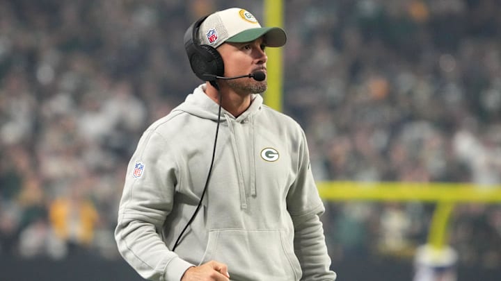 Oct 9, 2023; Paradise, Nevada, USA; Green Bay Packers coach Matt LeFleur reacts against the Las Vegas Raiders in the second half at Allegiant Stadium. Mandatory Credit: Kirby Lee-Imagn Images