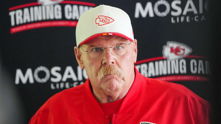 Jul 22, 2025; St. Joseph, MO, USA; Kansas City Chiefs head coach Andy Reid speaks to media after training camp at Missouri Western State University. Mandatory Credit: Denny Medley-Imagn Images