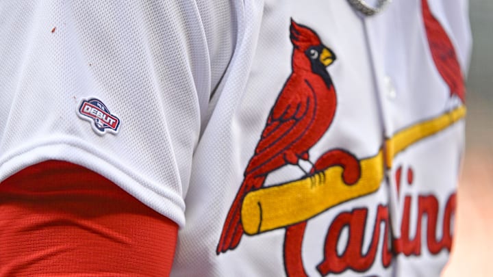 Mar 30, 2023; St. Louis, Missouri, USA; A detailed view of the MLB debut patch on the jersey of St. Louis Cardinals right fielder Jordan Walker (18) during the sixth inning against the Toronto Blue Jays at Busch Stadium. Mandatory Credit: Jeff Curry-Imagn Images Mar 30, 2023; St. Louis, Missouri, USA; A detailed view of the MLB debut patch on the jersey of St. Louis Cardinals right fielder Jordan Walker (18) during the sixth inning against the Toronto Blue Jays at Busch Stadium. Mandatory Credit: Jeff Curry-Imagn Images