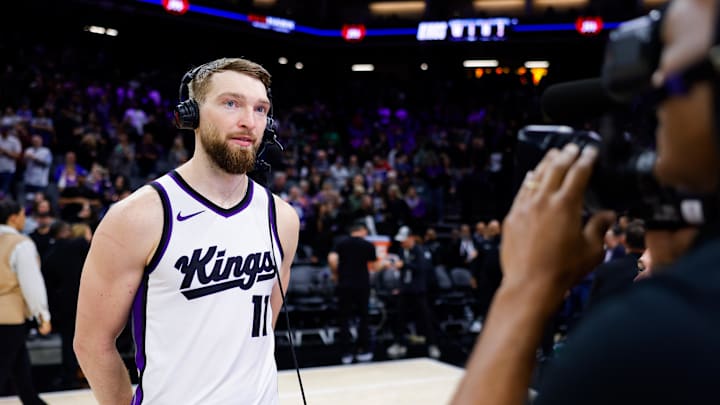 Mar 27, 2025; Sacramento, California, USA; Sacramento Kings forward Domantas Sabonis (11) is interviewed by the media after a game against the Portland Trail Blazers at Golden 1 Center. Mandatory Credit: Sergio Estrada-Imagn Images Mar 27, 2025; Sacramento, California, USA; Sacramento Kings forward Domantas Sabonis (11) is interviewed by the media after a game against the Portland Trail Blazers at Golden 1 Center. Mandatory Credit: Sergio Estrada-Imagn Images