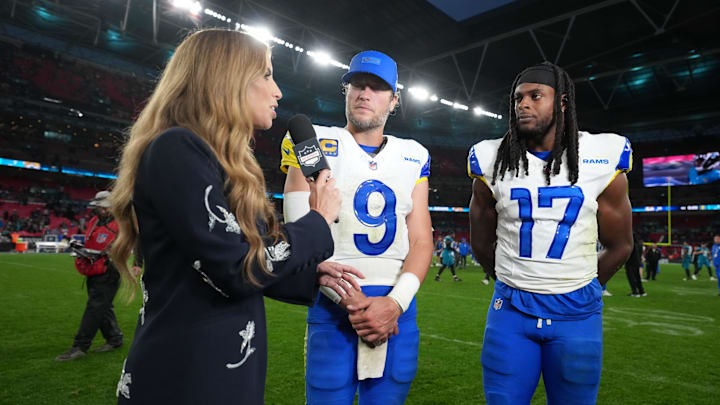 Oct 19, 2025; London, United Kingdom; NFL Network reporter Sara Walsh (left) interviews Los Angeles Rams quarterback Matthew Stafford (9) and wide receiver Davante Adams (17) after a NFL International Series game against the Jacksonville Jaguars at Wembley Stadium. Mandatory Credit: Kirby Lee-Imagn Images Oct 19, 2025; London, United Kingdom; NFL Network reporter Sara Walsh (left) interviews Los Angeles Rams quarterback Matthew Stafford (9) and wide receiver Davante Adams (17) after a NFL International Series game against the Jacksonville Jaguars at Wembley Stadium. Mandatory Credit: Kirby Lee-Imagn Images