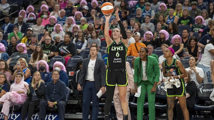 Sep 11, 2025; Minneapolis, Minnesota, USA; Minnesota Lynx forward Bridget Carleton (6) shoots against the Golden State Valkyries in the second half at Target Center. Mandatory Credit: Jesse Johnson-Imagn Images