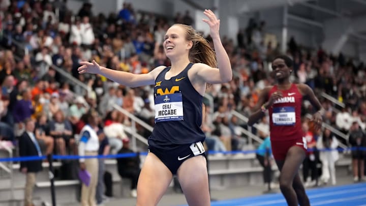 Mar 15, 2025; Virginia Beach, VA, USA; Ceili McCabe of West Virginia wins the women's 3,000m in 9:01.12 during the NCAA Indoor Championships at Virginia Beach Sports Center. Mandatory Credit: Kirby Lee-Imagn Images