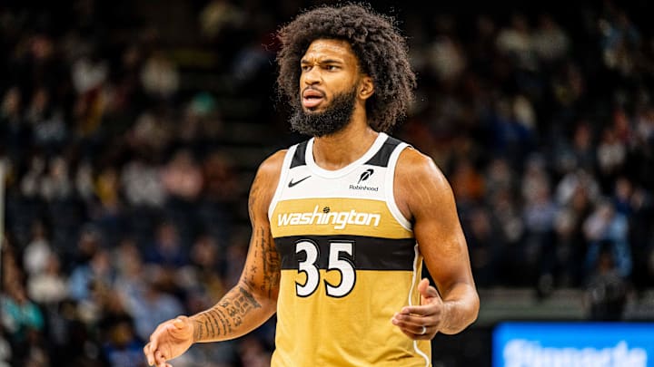 Dec 20, 2025; Memphis, Tennessee, USA; Washington Wizards Forward Marvin Bagley III (35) confused by the foul called against him in the third quarter against the Memphis Grizzlies at FedExForum. Mandatory Credit: Matthew Smith-Imagn Images