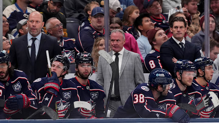 The Blue Jackets coaching staff looks on during a recent game.  The Blue Jackets coaching staff looks on during a recent game.